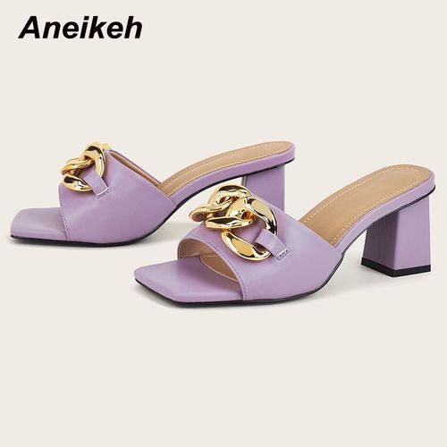 Chaussures D't  Talons Carrs Pour Femmes, Nouvelle Mode, Pantoufles  Bout Ouvert, Dcoration En Mtal Peu Profonde, Patchwork lgant, 2022 - 40