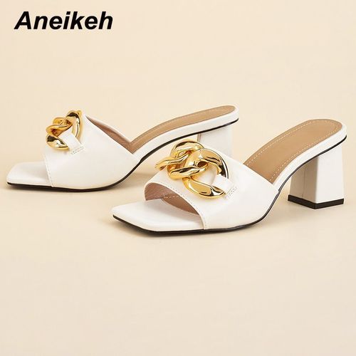 Chaussures D't  Talons Carrs Pour Femmes, Nouvelle Mode, Pantoufles  Bout Ouvert, Dcoration En Mtal Peu Profonde, Patchwork lgant, 2022 - 38