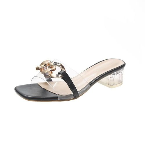 Chaussures D't En Pvc  Talons Carrs Pour Femmes, Pantoufles  Bout Ouvert Avec Chane En Or - 36
