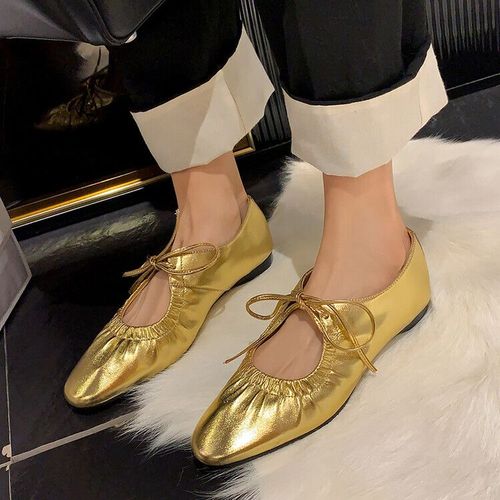 Chaussures De Ballet En Cuir Pour Femmes,Plates Avec Bande troite,Argentes,Dores,Scintillantes, Bout Rond,Printemps,2023 - 38