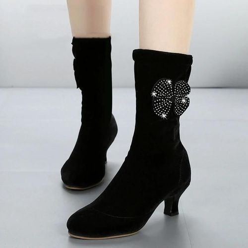 Chaussures De Danse Latine-Bottines  Talon Moyen En Velours Doux,Taille 39,Velours Noir Noir,39