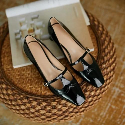 Chaussures En Cuir Verni Pour Femmes,En Forme De T,Talon pais,Polyvalentes,Simples,Article N  1302,Printemps 2021 - 38