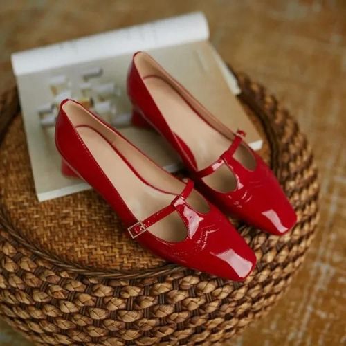 Chaussures En Cuir Verni Pour Femmes,En Forme De T,Talon pais,Polyvalentes,Simples,Article N  1302,Printemps 2021 - 36