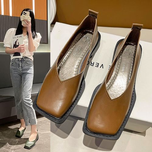 Chaussures Plates En Cuir  Bout Rond Pour Femme,Simples,Carres,Printemps,2023 - 40