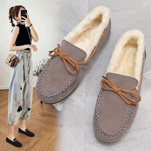 Chaussures Plates En Fourrure Classiques Pour Femmes,Chaussures Parker Rondes  Enfiler,Plate-Forme Chaude En Peluche,Grande Taille,Hiver Dcontract - 36