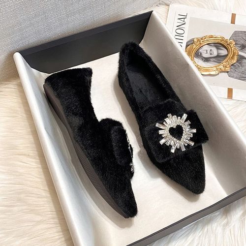 Chaussures Plates En Fourrure De Lapin Pour Femmes,Biscuits En Forme De C?ur,Ballets Chauds,Parker Pointu,Mocassins En Fourrure De Coton,Hiver
