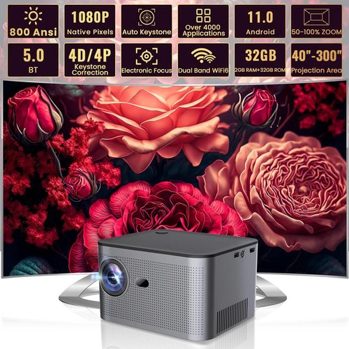 CHECARZHN--NO1-1080P 4K Full Hd Wifi Videoprojecteur,800 Ansi 18000 Lumens Projecteur Home Cinma 300'' Pour,Bt5.0 Projecteur Intelligent,Android Os 11.0 Pour Ios,Android,Tv Stick,Tablette