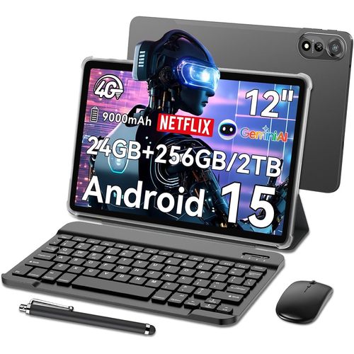 CHECARZHN--NO1- 2 Tablette 12 Pouces Android 15, 2K Fhd Tablette 24Go Ram 256Go Rom, 4G Lte 5G Wifi Tablette De Jeu Avec Souris Et Clavier, 9000Mah/16Mp+8Mp/Widevine L1/Face Id/Gps