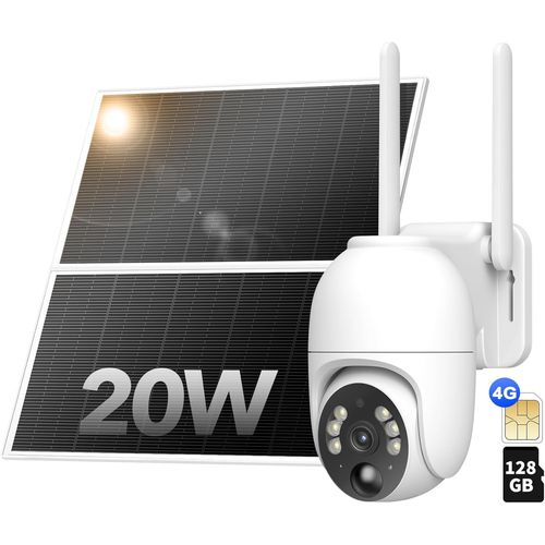 Checarzhn--No1-4g Lte Camra De Surveillance Solaire Avec 128go Carte Mmoire, Camra Extrieur 2k No Wi-Fi Avec Panneau Solaire 20w Ptz Sans Fil Avec Batterie, Dtecteur De Mouvement Pir, Impermable Ip66