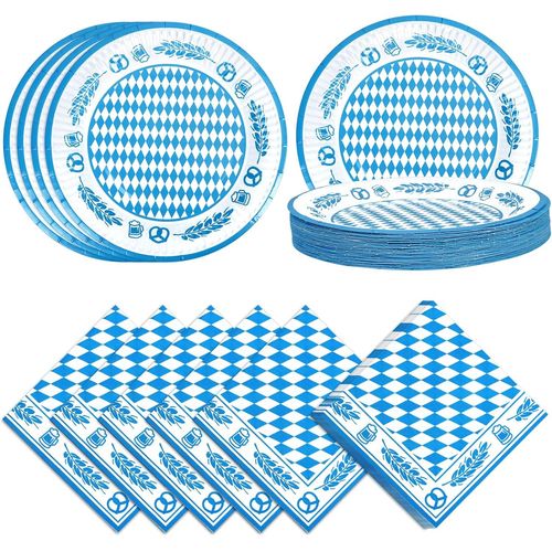 Checarzhn--No1-80pcs Set De Serviettes De Table Oktoberfest Vaisselle Pour Les Festivits D'octobre Blanc Bleu- 40pcs Serviettes Bavaro S 40pcs Assiettes Bavaro S 18cm Pour Oktoberfest Bire Grill Pa