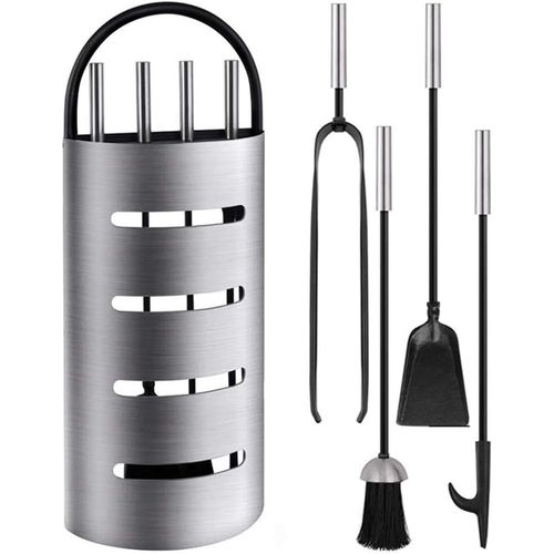 Checarzhn--No1-Amagabeli 4 Pices Outils De Chemine Set Argent Fer Forg Outils De Chemine Fer Porte-Bches Stand Pinces  Feu Pelle Pinceau Antique Chemine Poker Pole  Bois Dcor Ensemble D'out