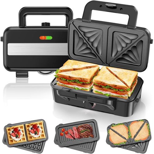 Checarzhn--No1-Appareil Croque Monsieur 3 En 1, Gaufrier 1200w Avec Contrle De Temprature  5 Vitesses, Machine  Sandwich Avec 3 Plaques Antiadhsives Pour Sandwich, Gaufres, Viande, Lumires Led