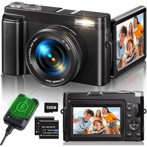 CHECARZHN--NO1-Appareil Photo Numrique 4K, Appareil Photo Compact 48Mp 16X Digital Zoom  cran Rabattable  180 Avec Autofocus, Flash, Station De Charge, 2 Batteries, Carte 32 Gb Pour Dbutants, E
