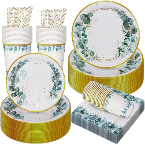 Checarzhn--No1-Assiettes Et Serviettes De Table Vert Sauge, Assiettes Jetables Vert Sauge Et Or, Assiettes Et Serviettes Vert Sauge, Assiettes En Eucalyptus Pour Dcoration De Table, Pour 25 Personne
