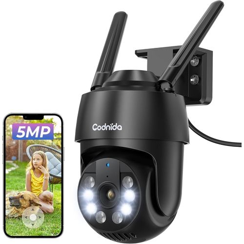Checarzhn--No1-Camra De Surveillance Extrieure Wi-Fi 5 Mp 2,4/5 Ghz Avec Dtecteur De Mouvement, Suivi Automatique, Enregistrement 24h/24, 7j/7, Vision Nocturne Colore, Ip66, Audio Bidirectionnel, Noir