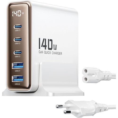 Checarzhn--No1-Chargeur Usb C 140w 5 Ports Gan Pr Usbc Rapide - cran Led, Pd 3.0 & Qc 3.0 - Pr Multiple Universelle Pour Macbook Pro/Iphone 16 / Tablette/Voyage, Blanc