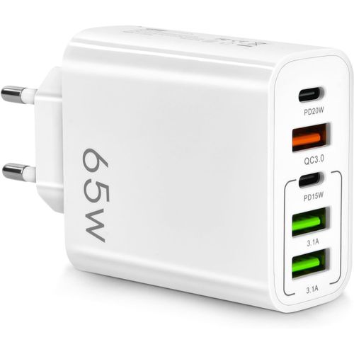 Checarzhn--No1-Chargeur Usb C Rapide 65w, Pr Multiple Avec 2 Usb C + 2 Usb + 1 Qc 3.0, Pr Usb Chargeur 5 Ports Compatible Avec Iphone 14 Pro 13 12 11 Xs Xr 8 7, Macbook Pro, Ipad, Galaxy (Blanc)