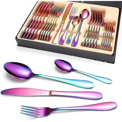 Checarzhn--No1-Couverts De Table 6 Personnes 24 Pices Colors Moderne En Acier Inoxydable Ensemble De Couvert Miroir Design Titane Arc-En-Couleur Compris Couteau/Fourchette/Cuillre/Cuillre  Caf Poli