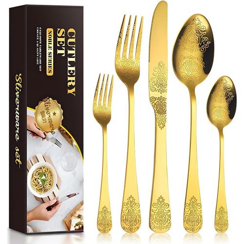 Checarzhn--No1-Couverts De Table Set De 30 Couverts De TableEnsemble De 30 Couverts En Acier Inoxydable Pour 6, Avec Couteau/Fourchette/Cuillre/Cuillre  Caf/Vaisselle(Or)