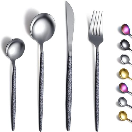 Checarzhn--No1-Ensemble De Couverts 24 Pices Avec Poigne Noire En Surface De La Lune Et Bouche Brillante, Ensemble De Couverts Modernes En Acier Inoxydable, Service Pour 6.