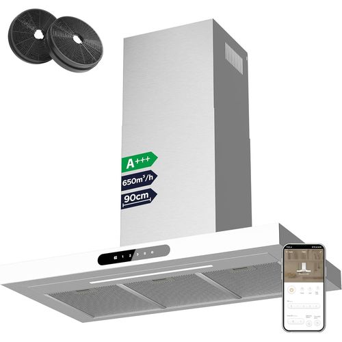 CHECARZHN--NO1-Hotte Aspirante Class A+++ 90Cm 650M/H Tactiles Et Wifi Connecte 4 Vitesses&Fonction Boost Avec Filtre Charbon Recyclage Ou Evacuation Blanche Cbcw9102