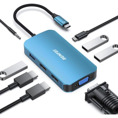 CHECARZHN--NO1-Hub Usb C Mst 8 En 1 Avec Usb-C Vers 2 Hdmi/1 Vga, Vers 3 Ports Usb 3.0/100 W/Audio Auxiliaire 3,5 Mm, Compatible Avec Iphone 15 Pro/ , Macbook Pro 2023/2022/2021/2020, Surface Book Et