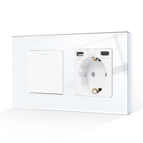 Checarzhn--No1-Interrupteur D'clairage Avec Pr Schuko En Verre Encastr Avec Port Usb (Type C Et Type A 3,1 A Total), Interrupteur  Bascule, Interrupteur  Bouton Blanc, 2 Positions, Interrupteur