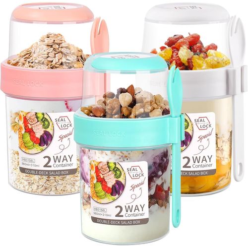 Checarzhn--No1-Lot De 3 Tasses  Petit-Djeuner  2 Niveaux, 310 Ml + 560 Ml, Pots  Yaourt Avec Couvercles Et Cuillre, Rcipient Rutilisable Pour L'avoine, Le Petit-Djeuner, Le Muesli, Les Fruits