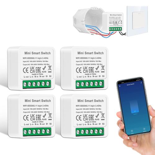 Checarzhn--No1-Lot De 4 Modules D'interrupteur Intelligents 1 Voie/2 Voies - Mini Interrupteur Wi-Fi Diy - S'adapte Derrire Un Interrupteur Mural - Compatible Avec Alexa Echo, Google Home, Smart Lif