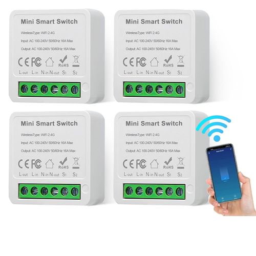 Checarzhn--No1-Lot De 4 Modules D'interrupteur Intelligents 1 Voie/2 Voies - Mini Interrupteur Wi-Fi Intelligent Derrire L'interrupteur Mural - Compatible Avec L'application Tuya, Alexa, Google Home