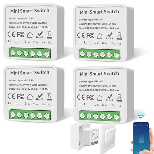 Checarzhn--No1-Lot De 4 Modules D'interrupteur Intelligents 2 Voies - Interrupteur Wi-Fi Smart Life - Mini Interrupteur Wi-Fi Diy Compatible Avec L'application Tuya, Alexa Et Google Home - Conducteur