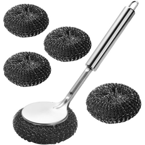Checarzhn--No1-Lot De 5 Tampons  RCurer En Laine D'acier Inoxydable Avec PoignE Et 4 Tampons  RCurer De Rechange En Acier Pour Nettoyer La Fonte, La Vaisselle, Les Casseroles De Cuisine, Les Po