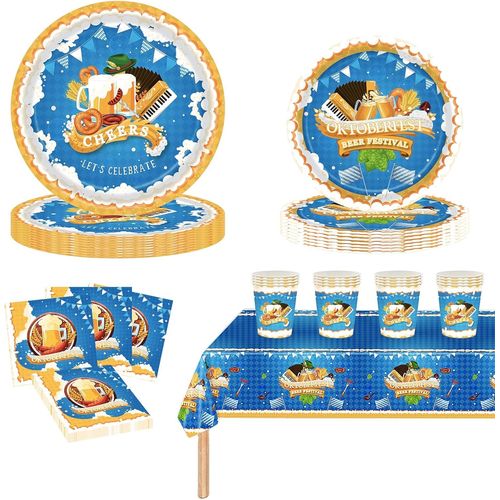 Checarzhn--No1-Lot De 69 Pices De Vaisselle Pour Fte De La Bire - Bleu Et Blanc - Dcoration De Table  Carreaux - Assiettes En Papier De 17,8 Cm - Assiettes De 22,3 Cm - Serviettes De Table - Pou
