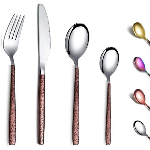 Checarzhn--No1-Mnagres Assorties 24 Pices Avec Poigne En Surface De Lune Et Tte En Or Brillant Placage De Titane, Ensemble De Couverts En Argent En Acier Inoxydable Service Pour 6