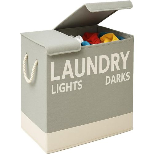 Checarzhn--No1-Panier  Linge Sale Avec Double Compartiment Peu Encombrant, Panier  Linge Et Linge Avec 2 Compartiments Et Poignes, Couvercle Anti-Odeur, 60 Cm X 36 Cm X 55 Cm