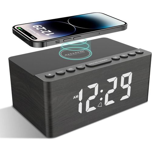 Checarzhn--No1-Radio Rveil Numrique En Bois Avec Radio Fm,Statio Ort De Charge Usb Sans Fil Rapide Pour Iphone/Samsung Galaxy,cran Led  Intensit Variable,Alarm Clock Avec Snooze,Alimentation Sec