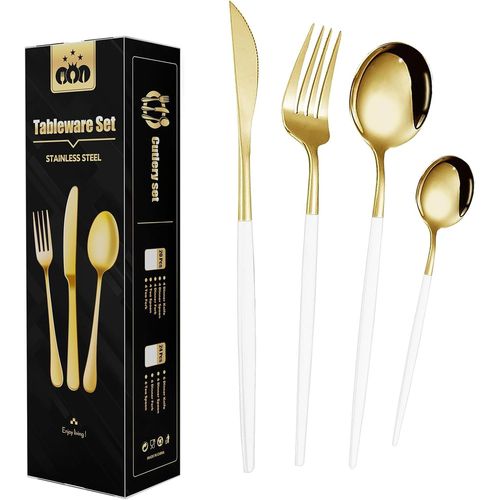 Checarzhn--No1-Set Couverts De 6 Personnes Table Dors Mnagre 24 Pices Ensemble De Table Couverts Inox Or Couvert Dor Comprend Des Couteaux/Fourchettes/Cuillres,Fini Miroir,Lavable Au Lave-Vaisselle