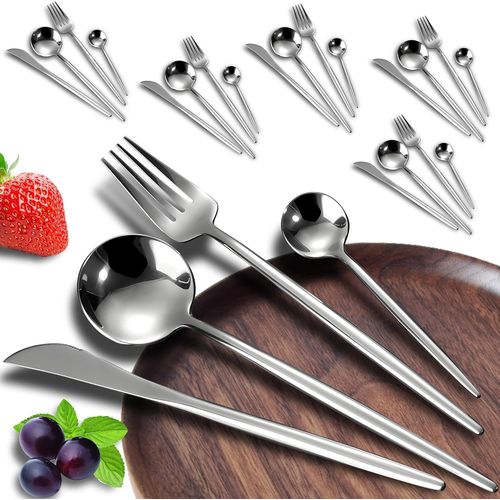 Checarzhn--No1-Set Couverts De Table 6 Personnes Ensemble De Couverts Inox 24 Pices Comprend Des Couteaux Fourchettes Cuillres Fini Mat Et Lavable Au Lave-Vaisselle Facile  Nettoyer