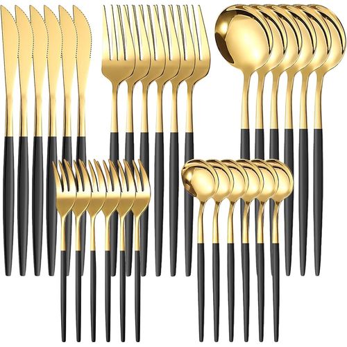 Checarzhn--No1-Set Couverts De Table Pour 6 Personnes Dors, Ensemble De Couverts En Acier Inoxydable 30 Pices, Comprend Des Couteaux/Fourchettes/Cuillres, Fini Mat Et Lavable Au Lave-Vaisselle, Facile  Nettoyer