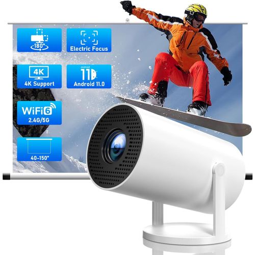 CHECARZHN--NO1-Videoprojecteur 4K Supporte, 720P Natif Mini Projecteur Android 11, Auto Keystone, Projecteur Portable Rotatif  180 Supporte Wifi 6 Bt5.4, 150 Pouces Smart Projecteur Pour Tv Stick