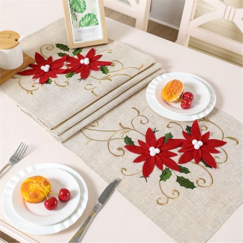 Chemin De Table De Luxe En Polyester Avec Fleurs Brodes, Linge De Table Pour L'extrieur, Dcoration De Table Pour Fte De Nol, Q1jb