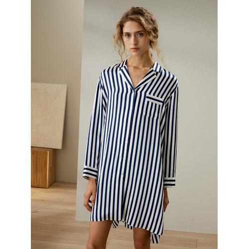 Chemise De Nuit Soie Rayures Bleu-Blanc Longueur Midi Couleurs Vibrantes 100% Soie Pure Bon Rapport Qualit-Prix, Respectueux De La Peau M