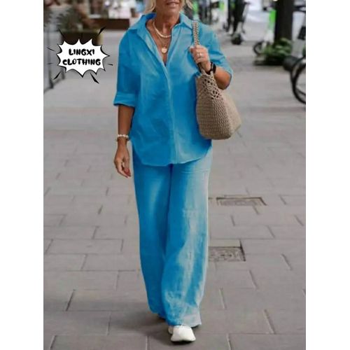 Chemise En Lin De Coton Grande Taille Pour Femmes, Pantalon Large Taille Haute, Ensemble 2 Pices lgant, Mode Automne, Grande Taille, 2023