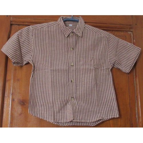 Chemisette Pour Garonnet - Pointes Col Boutonnes - Manches Courtes - Poche Poitrine - Carreaux Pied De Poule Gris Et Jaune - Taille 5ans - 100% Coton - Ancien Mais Peu Port