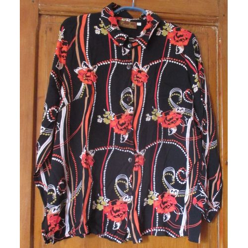 Chemisier Collection Craline De Daxon - Taille 52 - 100%Viscose Aspect Crpe Un Peu Transparent - Fond Noir Imprim De Grades Fleurs Oranges Et De Lignes Courbes Et Ronds Blancs - Modle Vintage