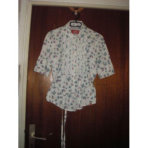 Chemisier Manches Courtes De Marque Edc By Esprit, Taille S, Coloris Blanc Imprim Fleurs, Plastrons Dentelle Cousus Sur La Poitrine, Fermeture Boutons, Ceinture Sous Passant  La Taille, 100% Coton..