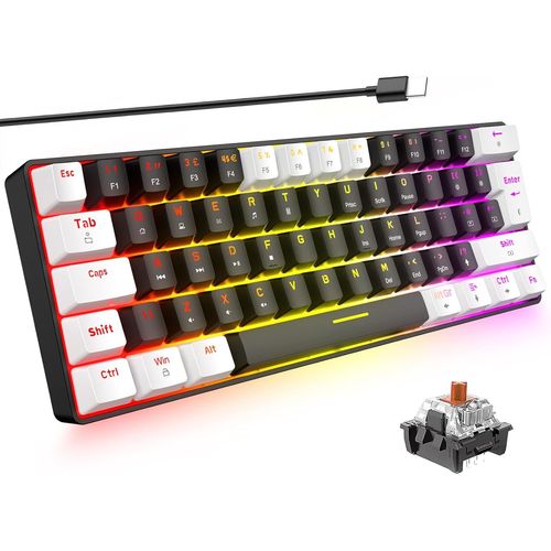Chenquansarl-60% Clavier Mecanique Gaming Rtro-clairage Rvb Led Commutateur Brun Usb  Type-C Filaire Mini Compact Ergonomique Anti-Ghosting Pour Windows Mac Pc Ps4 Xbox Gamer Voyage(Noir & Blanc)