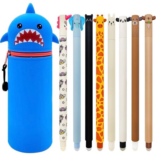 Chenquansarl-Tui cole 2 En 1 En Silicone Souple + 8 Stylo Gel Effaable,Kawaii Teddy,Porte-Plume tanche Avec Fermeture clair, Pointe Bille Pour Enlever Encre Sans Consommer Lafeuille, Pointe 0,7 M
