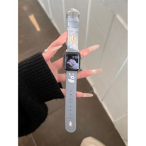 Chien Brod En Denim De Haute Qualit Pour Apple Watch 9 Apple Watch Avec Gnration S10 Iwatch8765se-Chien Brod En Denim - Bleu Clair - (1/2/3 Gnration 42 Mm) / 44/45/46/49 Mm Universel