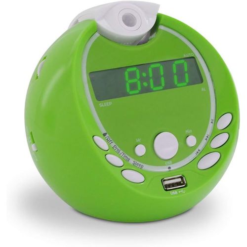Children's Alarm Clock With Dual Alarm With Usb Mp3 Port Projection 180 On Mains Or Batteries-Green